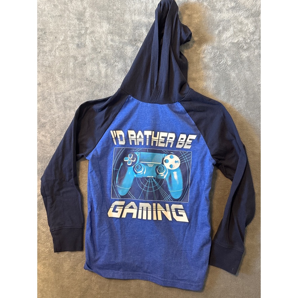Childrens Place Boys Blue Id Rather Be Gaming Hooded Graphic  T-Shirt Size M 7/8